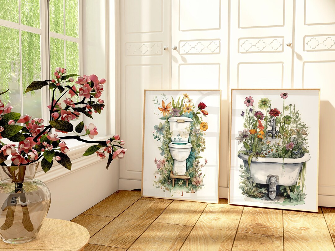 Floral Bathroom 2 Piece Wall Art, Set of 2 Floral Bathroom Prints ...