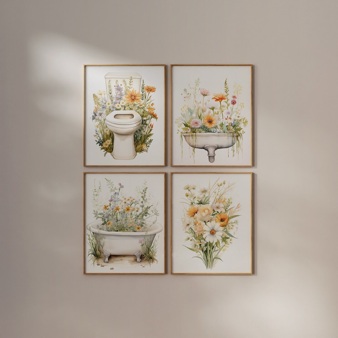 Botanical Bathroom Set of 4 Prints, Wildflower Wall Decor, DIY WC ...