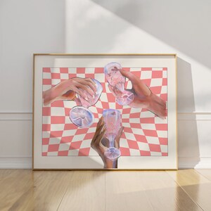 Retro barwagen print, cheers print, keuken afdrukbare muurkunst, roze vintage eetkamer kunst aan de muur, retro keuken muur decor, cocktail print
