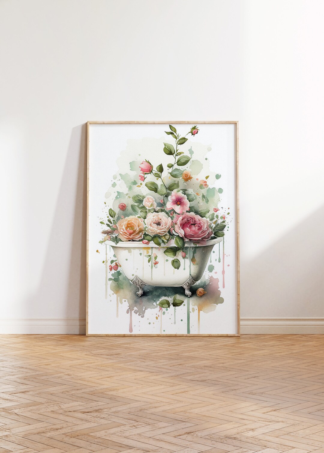 Bathtub With Flowers Printable Wall Art, Floral Bathroom Print, Roses ...