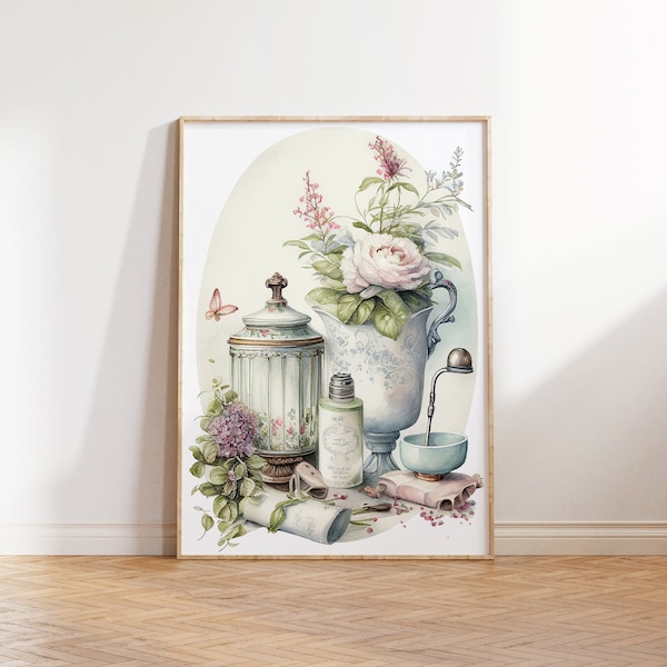 Floral Bathroom Printable Wall Art, Bathroom Utensils Print, Bathroom Vintage Items Print, Botanical Bathroom Wall Decor, Watercolor Art