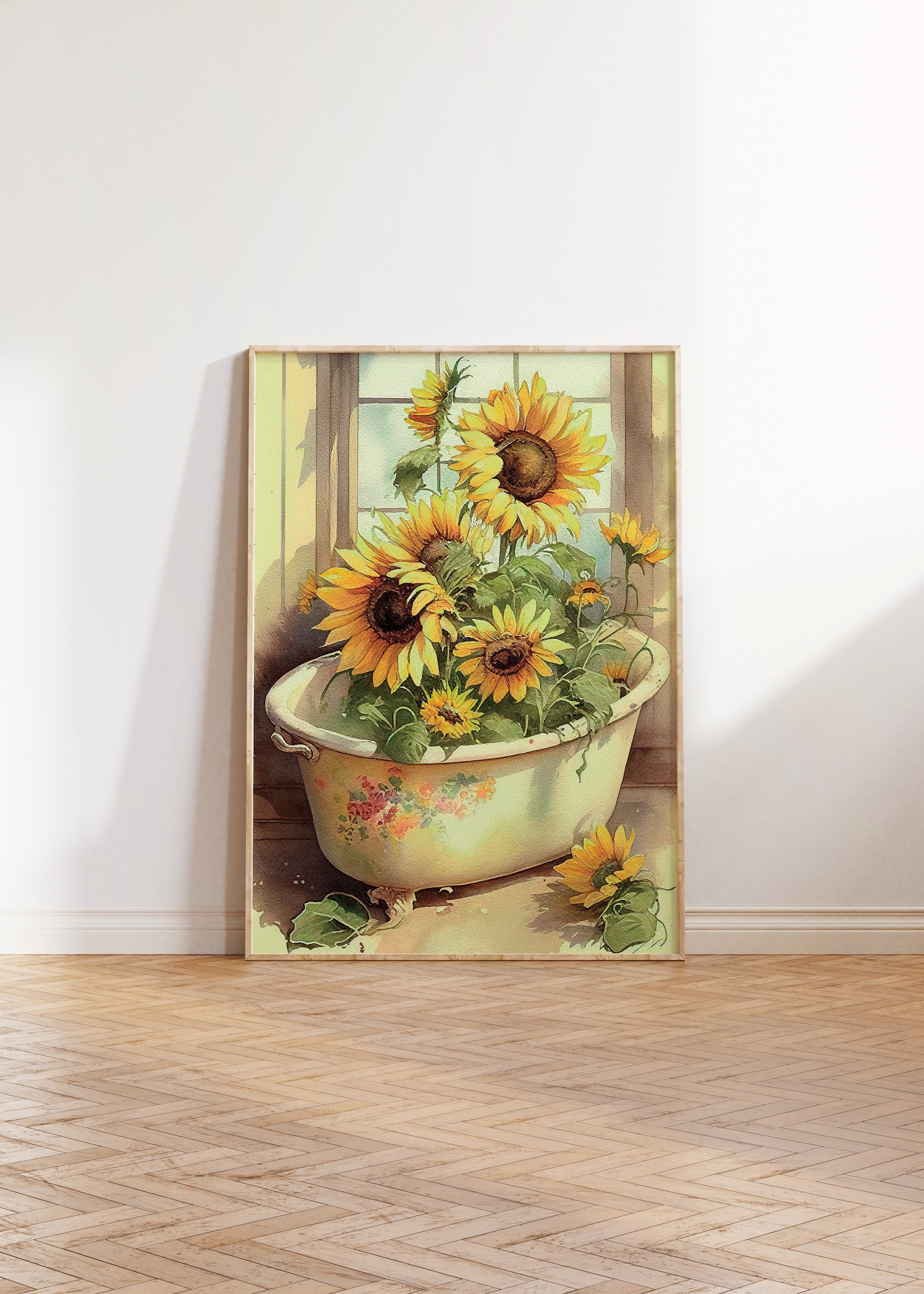 Sunflower Bathtub Print, Floral Bathroom Printable Wall Art, Vintage ...