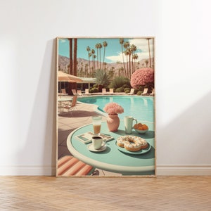Palm Springs Hotel Digital Print, Palm Tree Print, California Hotel Breakfast, Zwembad Afdrukbare Kunst, Tropische Wall Art, Palm Springs
