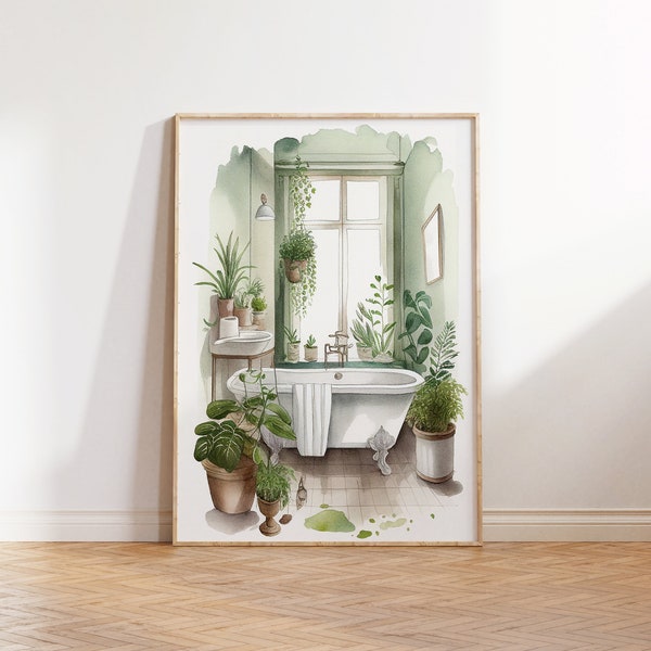 Bathroom Printable Wall Art, Botanical Bathroom Print, Watercolor Home Art, House Gift, Bathtub Print, Botanical Bathtub Art, WC Prints