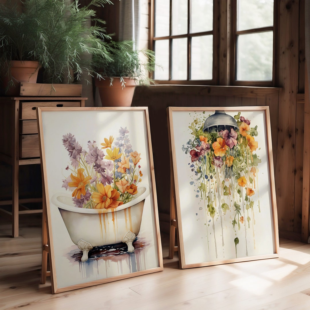 Floral Bathroom Set of 2 Prints, Botanical WC Wall Decor, Floral Shower ...