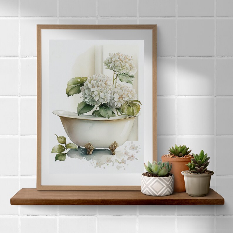 Floral Bathroom Print Printable Hydrangea Watercolor Art - Etsy