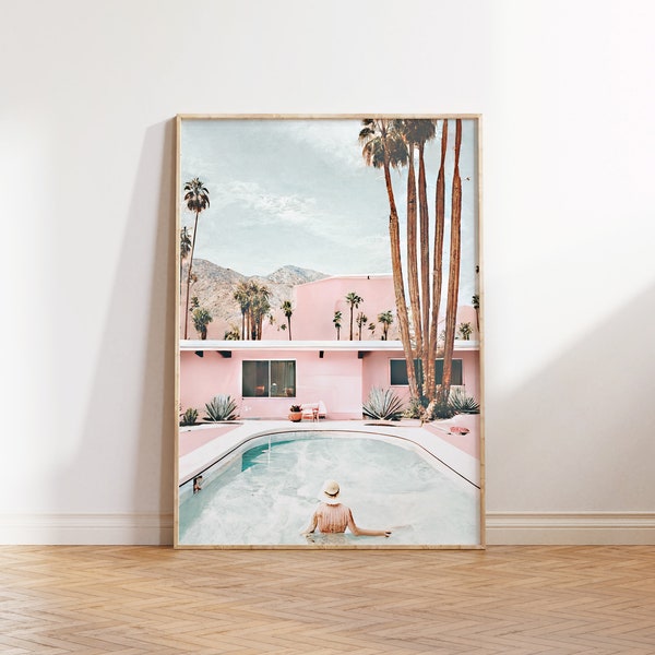 California Hotel Print, Swimming Pool Wall Art, Digital Print, Palm Tree Wall Art, California Printable Painted Poster, Palm Springs Print