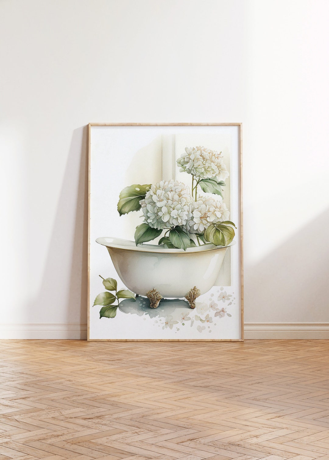 Floral Bathroom Print, Printable Hydrangea Watercolor Art, Bathtub With ...