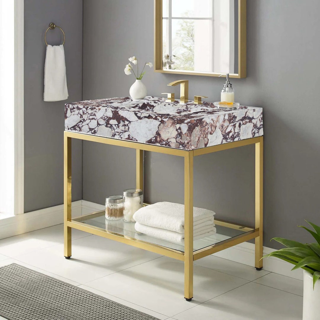 Calacatta Viola Marble Sink Brass Console Powder Room Vanity Etsy