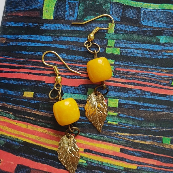 Golden leaf charm yellow jade earrings, genuine gems dangle and drop, fine handmade jewelry, natural gemstones, unique design, summer sun