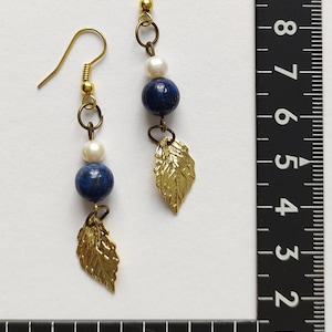 Lapis Lazuli Pearl Earrings: Golden Leaf Dangle, Handmade Jewelry