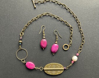 Agate & Pearl Jewelry Set: Bronze Chain Necklace, Dangle Earrings