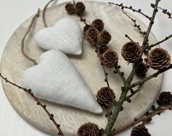 Linen fabric hanging hearts in white