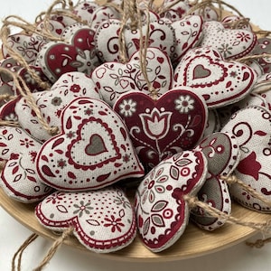 Set of 6 fabric hanging hearts