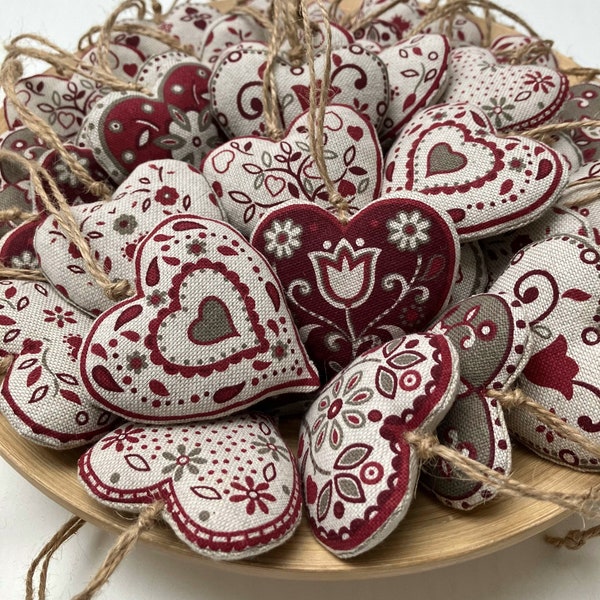 Set of 6 fabric hanging hearts