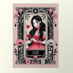 Impresión colorida de cartas de Tarot rosa negro - Arte digital con Jisoo - Perfecto para fanáticos del K-Pop y decoración del hogar