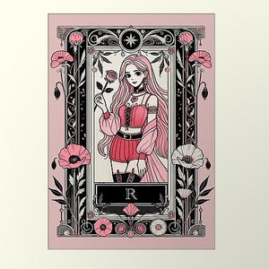 Impresión colorida de cartas de Tarot rosa negro - Arte digital con rosado - Perfecto para fanáticos del K-Pop y decoración del hogar