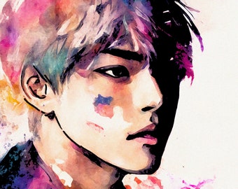 Colorful Taehyung V Digital Illustration - BTS Pop Art Portrait - High-Quality Print Perfect for K-Pop Fans and Home Decor