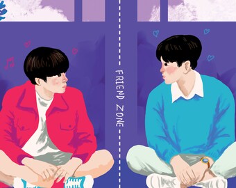 Romantic My School President Fanart: Tinn and Gun by the Pool - Digital Print, Thai BL Drama Series, Gemini and Fourth, Colorful, Cute