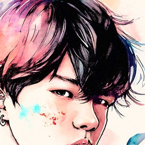 Pode incluir: Retrato em aquarela de uma pessoa com cabelo preto e reflexos rosa. A obra apresenta um close-up do rosto, com olhos detalhados e um rubor sutil nas bochechas. O estilo é artístico e expressivo, com cores suaves e pinceladas delicadas.