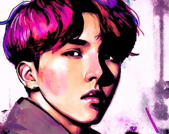 Colorful J-Hope Digital Illustration - BTS Pop Art Portrait - High-Quality Print Perfect for K-Pop Fans and Home Decor