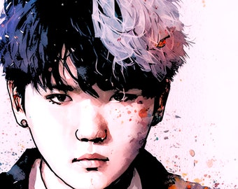 Colorful Namjoon Yoongi Digital Illustration - BTS Pop Art Portrait - High-Quality Print Perfect for K-Pop Fans and Home Decor