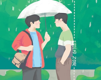 My School President Fanart: Tinn and Gun in the Rain - Digital Print, Thai BL Drama Series, Gemini and Fourth, Romantic, Colorful, Cute