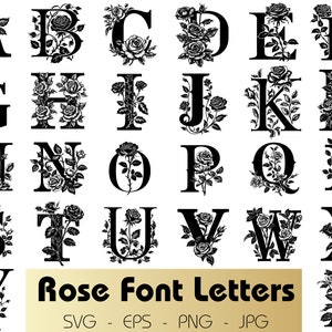Lettres florales svg, police rose, lettres roses, lettres SVG, fichiers svg lettres, lettres découpées, alphabet svg, lettres noires, polices svg, police florale