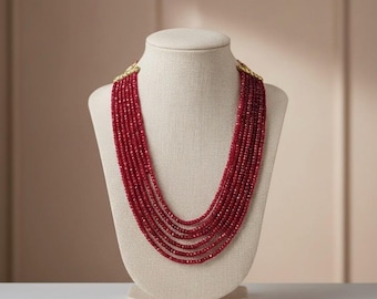 Natural Faceted Ruby Beads Necklace 3 to 9 Layer, Ruby Rondell Beaded Necklace, Quartz Gemstone Jewelry for Women, Layered Necklace Gift