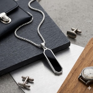 Herren Schwarz Onyx Anhänger Halskette, 925 Sterling Silber Bar Anhänger, Minimalistischer Herren Schmuck, Geometrische Onyx Halskette, Geschenk für Ihn