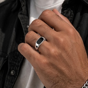 Svart onyx herrring, guldsignetring, 925 sterlingsilverring, minimalistisk statementring för män, geometrisk onyxring, present till honom