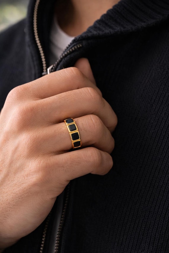 Men’s Onyx Ring 925 Silver Gold Plated | Natural Black Onyx Band | Minimalist Statement Ring | Handmade Gift for Him