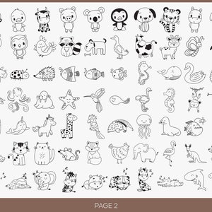 May include: Black and white line drawings of various animals, including a panda, a cow, a penguin, a tiger, a toucan, a ladybug, a turtle, a starfish, a giraffe, a cat, a lion, an elephant, a flamingo, a kangaroo, a shark, and a crocodile. The page number "PAGE 2" is at the bottom of the image.