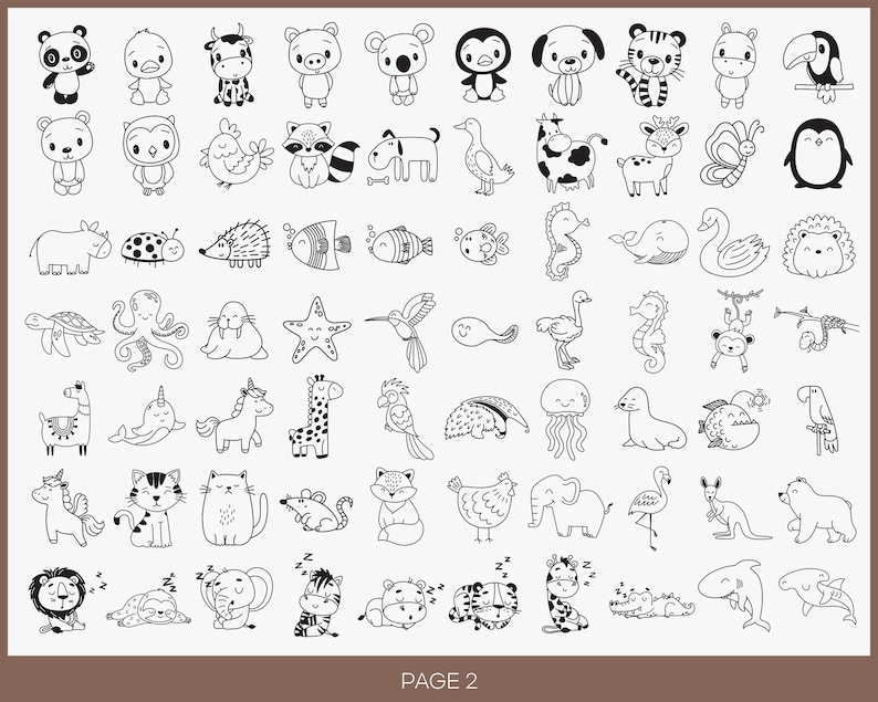 May include: Black and white line drawings of various animals, including a panda, a cow, a penguin, a tiger, a toucan, a ladybug, a turtle, a starfish, a giraffe, a cat, a lion, an elephant, a flamingo, a kangaroo, a shark, and a crocodile. The page number "PAGE 2" is at the bottom of the image.