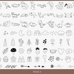 May include: A black and white line art clip art set featuring various animals, plants, and objects. The set includes a camel, pelican, chameleon, rabbit, fish, fox, badger, whale, crocodile, mole, tiger, dinosaur, snail, caterpillar, star, moon, sun, rainbow, cloud, rain, earth, tree, cactus, flower, mushroom, acorn, pineapple, strawberry, watermelon, heart, love, cake, mountain, gift, diamond, balloon, yarn, paw print, bone, airplane, wave, branch, arrow, and bee.