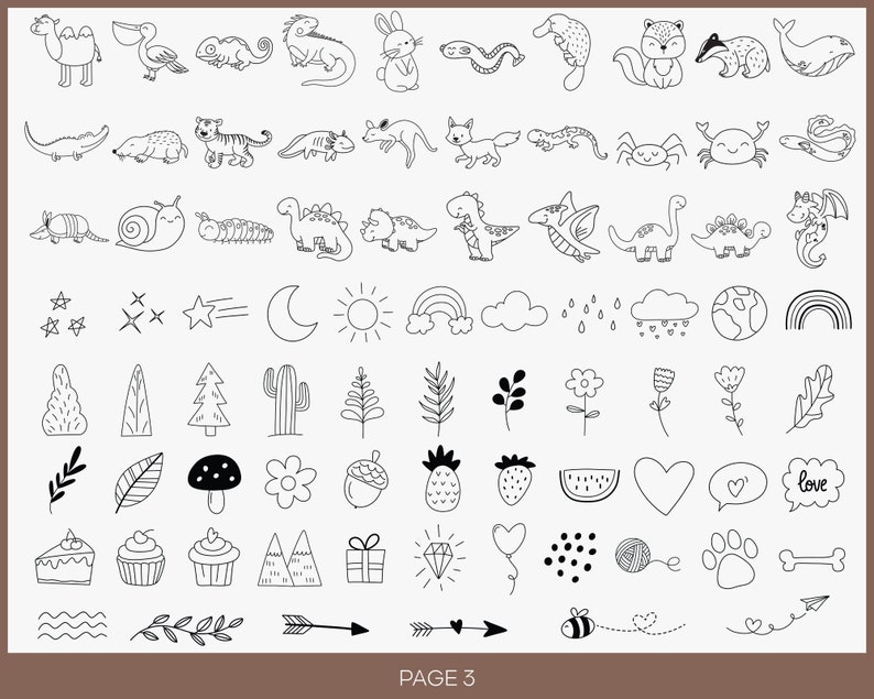 May include: A black and white line art clip art set featuring various animals, plants, and objects. The set includes a camel, pelican, chameleon, rabbit, fish, fox, badger, whale, crocodile, mole, tiger, dinosaur, snail, caterpillar, star, moon, sun, rainbow, cloud, rain, earth, tree, cactus, flower, mushroom, acorn, pineapple, strawberry, watermelon, heart, love, cake, mountain, gift, diamond, balloon, yarn, paw print, bone, airplane, wave, branch, arrow, and bee.