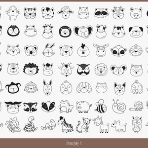 May include: Black and white line drawings of various animal faces, including a zebra, a cat, a dog, a pig, a butterfly, a snake, a fish, a frog, a bee, a snail, a sheep, a dolphin, a monkey, a cow, a lion, a bear, a raccoon, a hedgehog, a bird, a turtle, a deer, a moose, a panda, a penguin, a hippopotamus, a giraffe, a tiger, a wolf, a fox, a rabbit, a crocodile, a goat, an owl, a mouse, a squirrel, and a rooster. The page number "PAGE 1" is at the bottom of the image.
