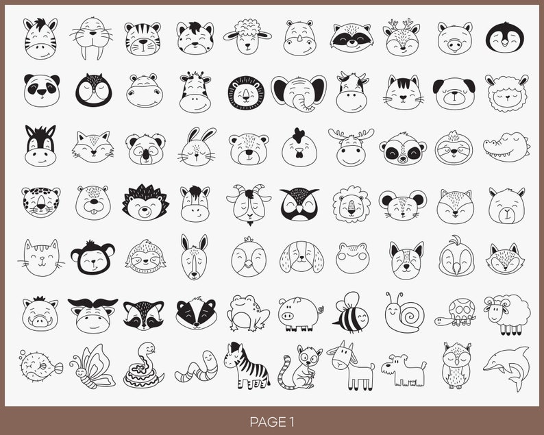 May include: Black and white line drawings of various animal faces, including a zebra, a cat, a dog, a pig, a butterfly, a snake, a fish, a frog, a bee, a snail, a sheep, a dolphin, a monkey, a cow, a lion, a bear, a raccoon, a hedgehog, a bird, a turtle, a deer, a moose, a panda, a penguin, a hippopotamus, a giraffe, a tiger, a wolf, a fox, a rabbit, a crocodile, a goat, an owl, a mouse, a squirrel, and a rooster. The page number "PAGE 1" is at the bottom of the image.
