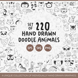 220 動物落書き SVG EPS バンドル - 動物 SVG、落書き SVG、サファリ動物 SVG、かわいい動物 SVG、農場動物 SVG、動物クリップアート、保育園 SVG