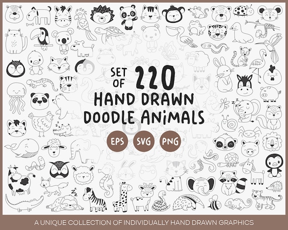 220 Animal Doodle SVG Bundle – Clipart, Farm & Safari (Digital Download)