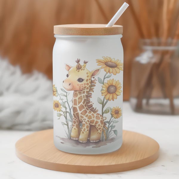 Giraffe & Sunflower Frosted Glass Tumbler: Iced Coffee Travel Cup