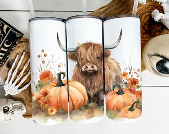 Fall Highland Cow Tumbler: Pumpkin Autumn Cup, Farm Animal Lover