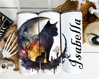 Personalized Black Cat Halloween Tumbler: Spooky Stainless Steel Coffee Cup