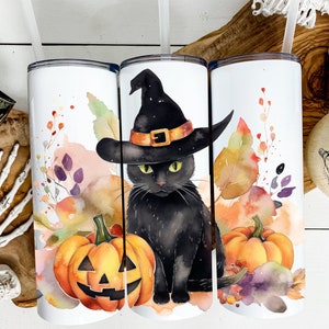 May include: White insulated tumblers with a Halloween theme. Each tumbler features a watercolor design of a black cat wearing a witch hat, pumpkins, and autumn foliage. The tumblers have a straw and a lid.