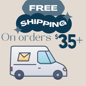 May include: An illustration featuring a white delivery van with a blue and yellow envelope icon. The text "FREE SHIPPING" is displayed above the van, with "On orders $35+" below. Paw prints border the image.