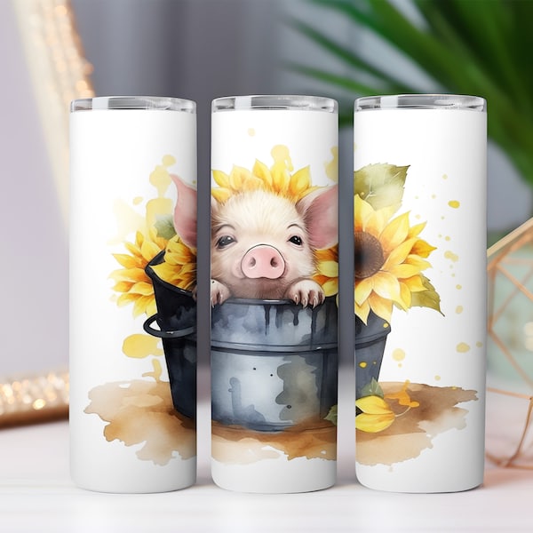 Adorable pig stainless steel tumbler, Sunflower tumbler, animal cup, Farm animal birthday gift