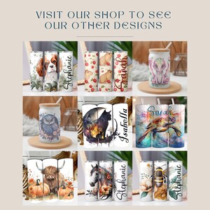 May include: Collection of personalized tumblers and glass cups with various designs. The designs include a Cavalier King Charles Spaniel, capybaras with cherries, an elephant, an owl, a black cat, a sea turtle, a Highland cow, a horse, and a bee. Text on the tumblers includes names.