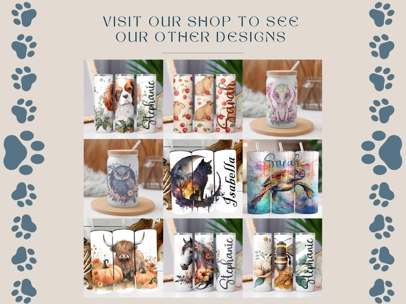 May include: Collection of personalized tumblers and glass cups with various designs. The designs include a Cavalier King Charles Spaniel, capybaras with cherries, an elephant, an owl, a black cat, a sea turtle, a Highland cow, a horse, and a bee. Text on the tumblers includes names.