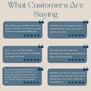 May include: A beige background with blue paw prints and customer reviews. The text "What Customers Are Saying" is at the top. Reviews are in blue boxes with star ratings, praising the product's quality and the seller's kindness.