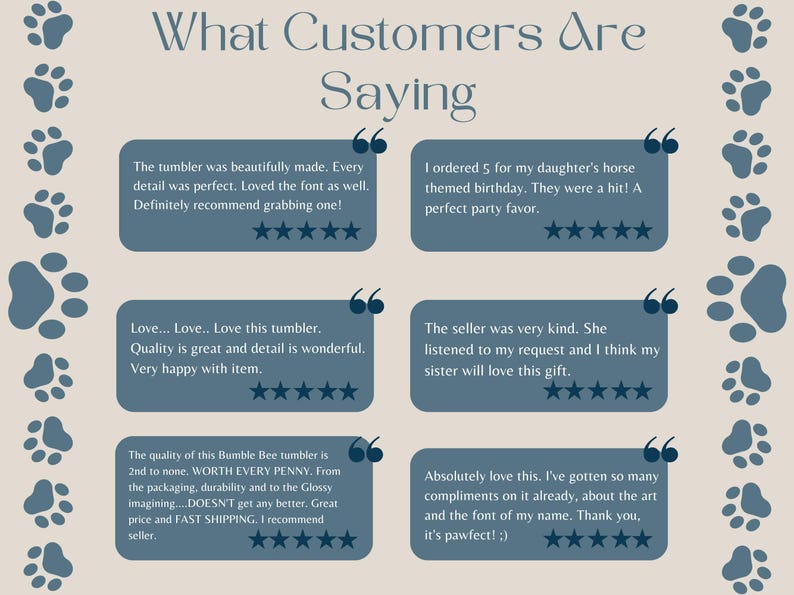 May include: A beige background with blue paw prints and customer reviews. The text "What Customers Are Saying" is at the top. Reviews are in blue boxes with star ratings, praising the product's quality and the seller's kindness.